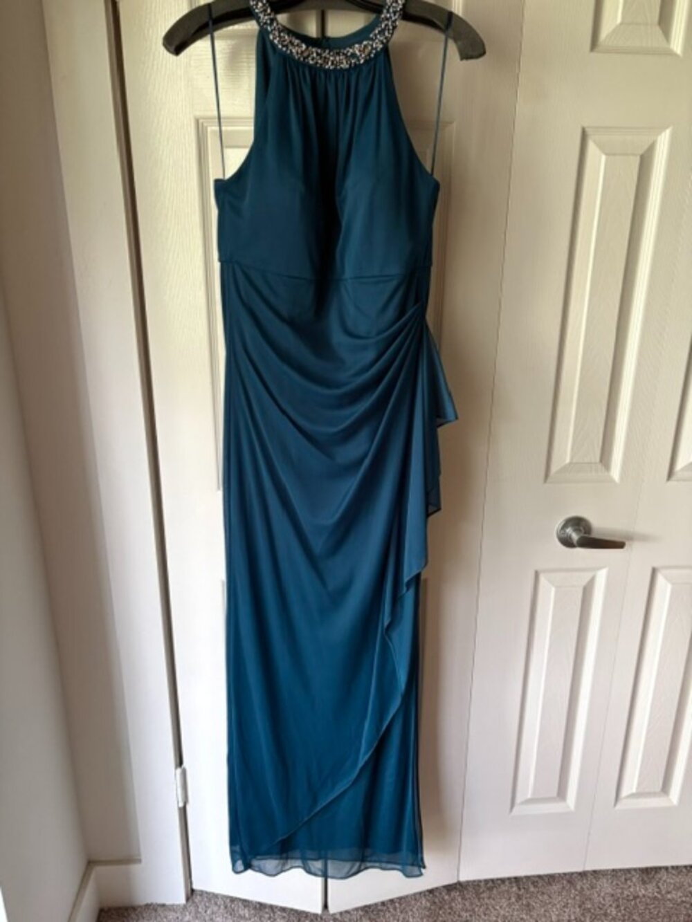 Alex Evenings Beaded Halter Long Gown with Side Ruching Size 10